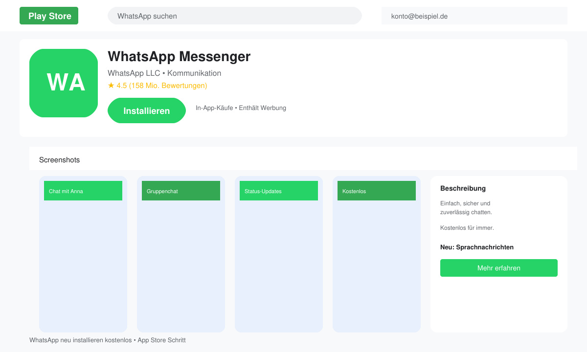 App-Store-Bildschirm mit WhatsApp-Installationsbutton
