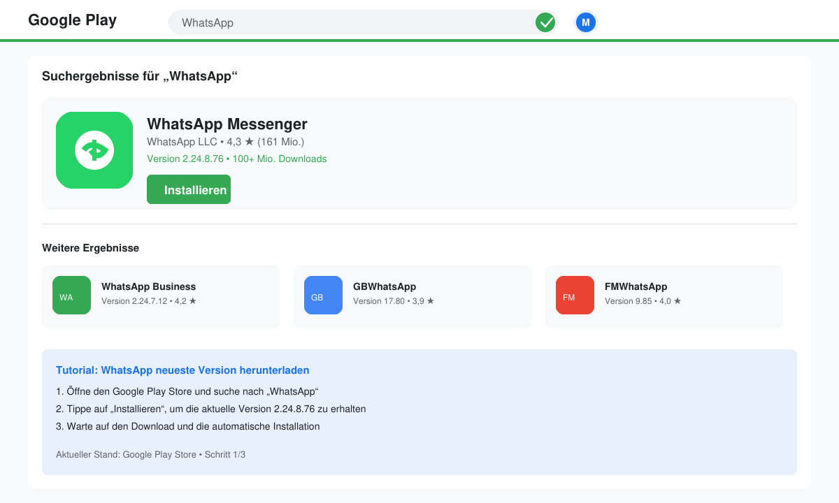 Google Play Store Suchergebnis für WhatsApp mit Install-Button