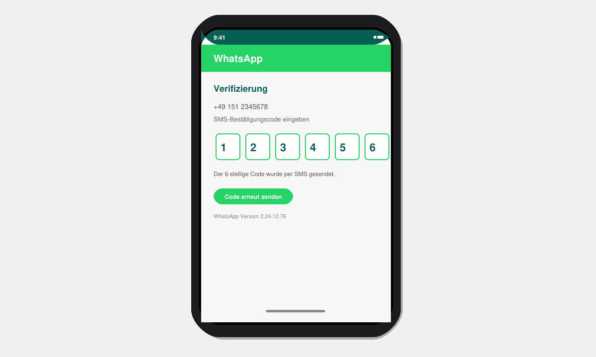 WhatsApp-Startbildschirm nach erfolgreicher Installation mit Verifizierungscode-Eingabe