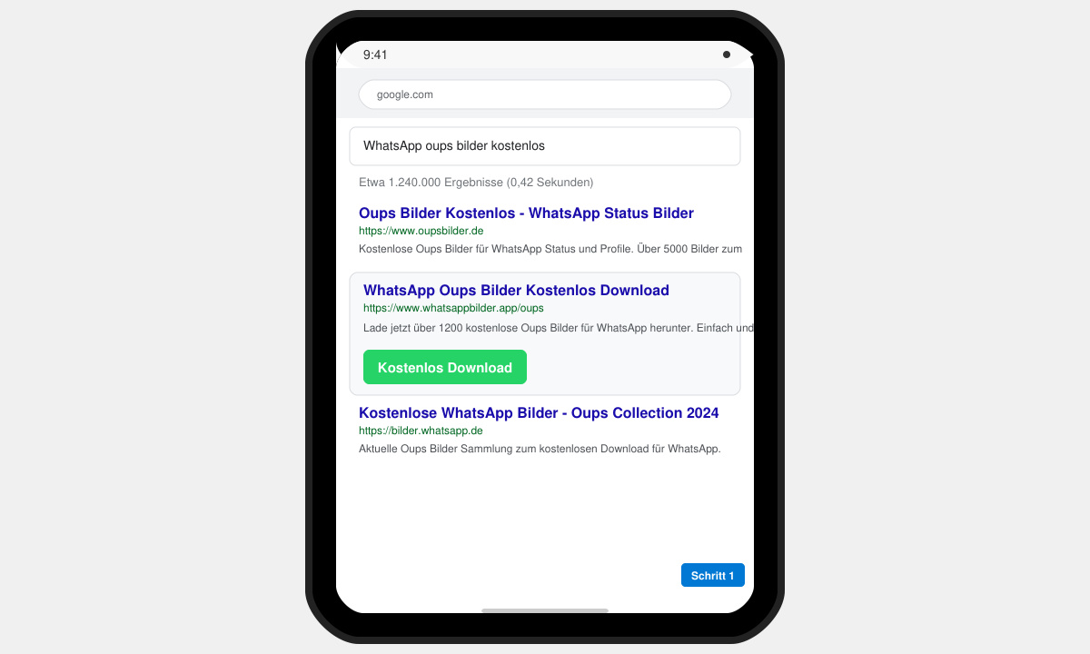 Smartphone-Browser mit Suchergebnissen für WhatsApp oups bilder kostenlos und sichtbarem Download-Button