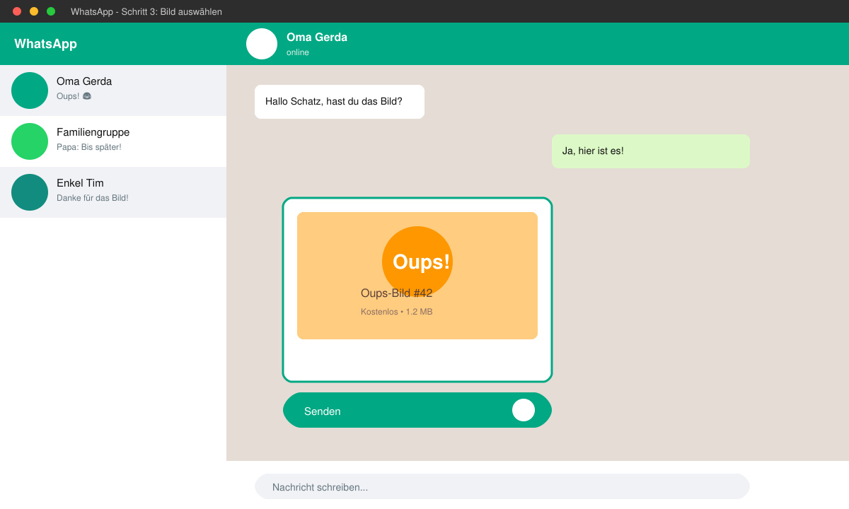 WhatsApp-Chat-Fenster mit ausgewähltem Oups-Bild, das zum Versenden bereit ist