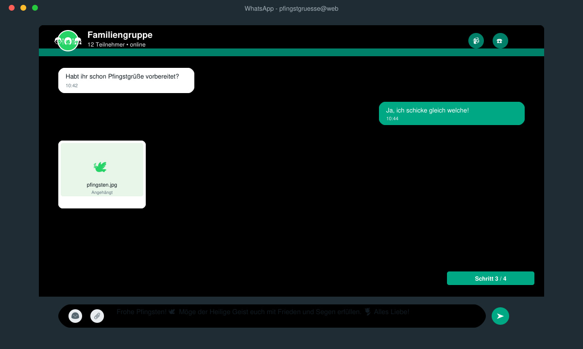 WhatsApp Eingabefeld mit fertigem Pfingstgruß-Text und angehängtem Bild