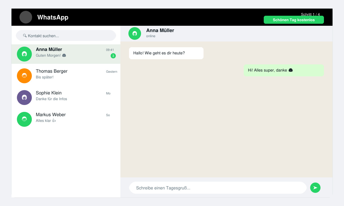 WhatsApp Chat auswählen für den Versand eines kostenlosen schönen Tag Grußes