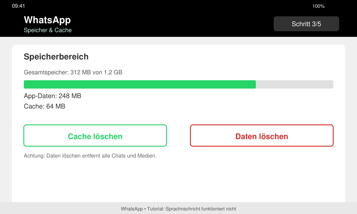 Cache in WhatsApp Einstellungen löschen um Sprachnachricht Fehler zu beheben