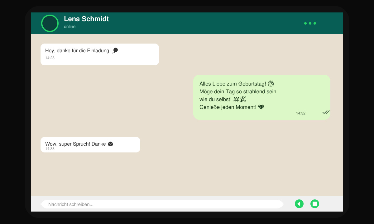 Gesendete WhatsApp Geburtstagsnachricht mit Spruch und Emojis