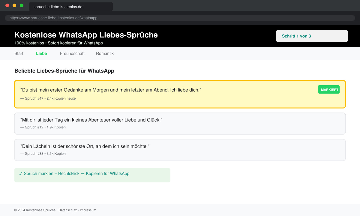 Bildschirm mit markiertem Liebes-Spruch auf einer kostenlosen Sprüche-Website