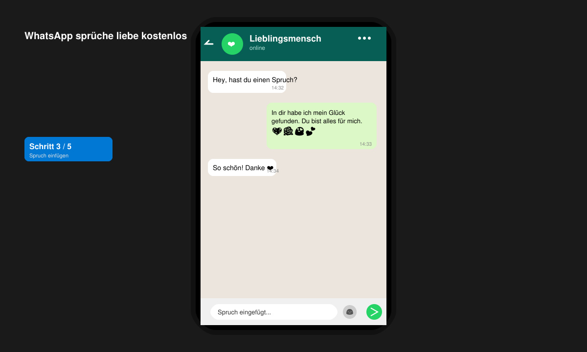 WhatsApp-Chat mit eingefügtem Liebes-Spruch und Emojis auf einem Smartphone