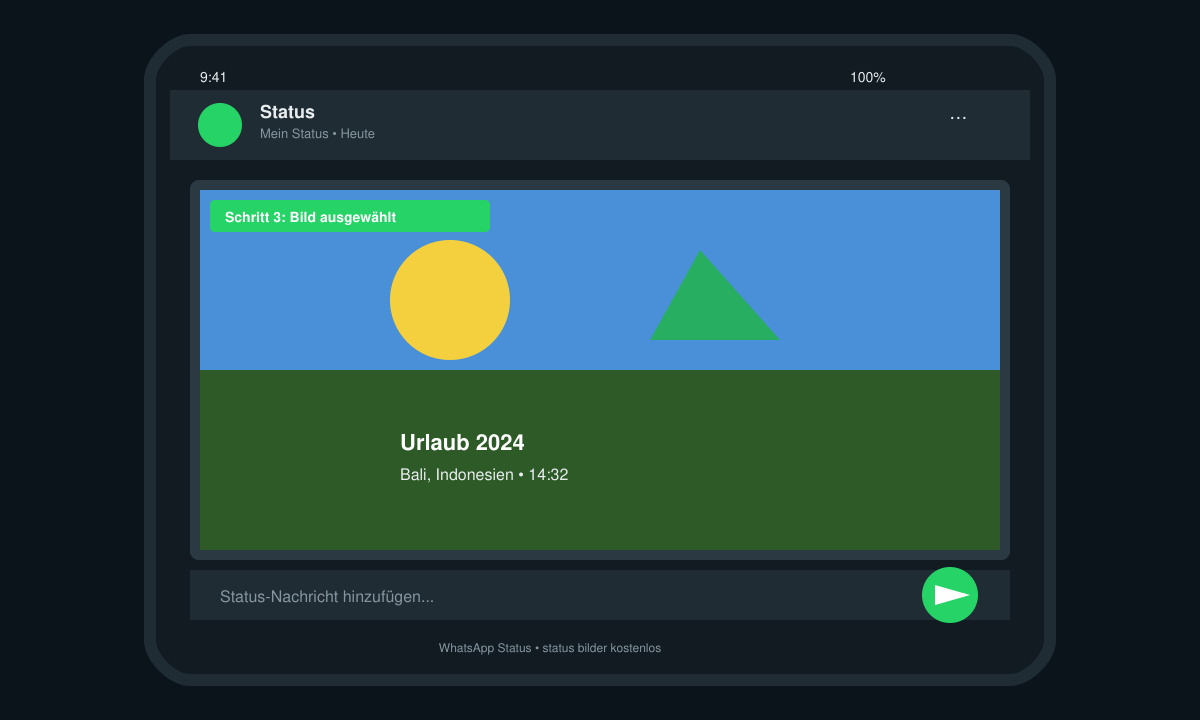 WhatsApp-Status-Bildschirm mit ausgewähltem Bild und Senden-Button
