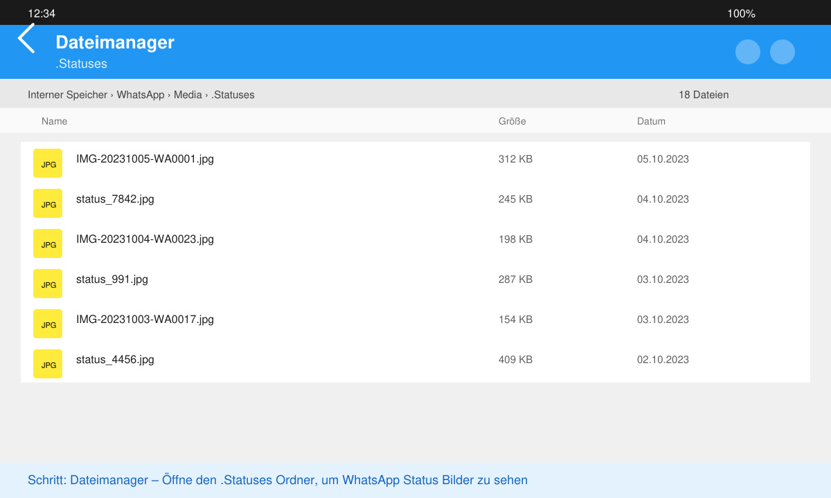 Dateimanager zeigt den .Statuses-Ordner mit gespeicherten WhatsApp-Statusbildern