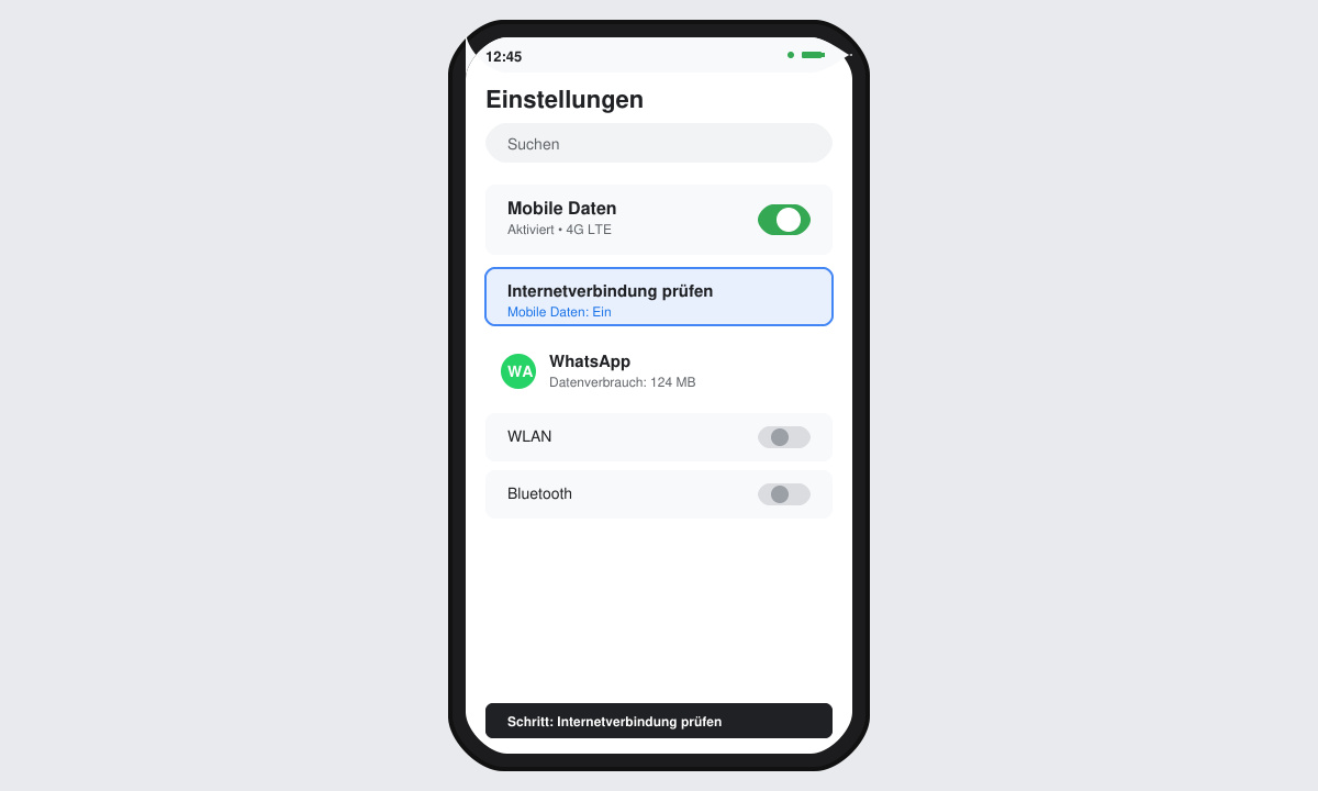 Smartphone-Bildschirm mit WhatsApp-Einstellungen und aktivierten mobilen Daten