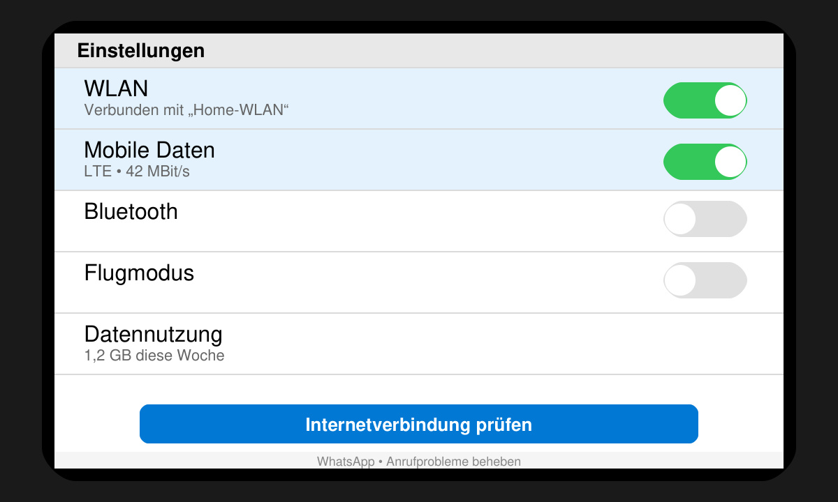Smartphone-Einstellungsmenü mit aktiviertem WLAN und mobilen Daten