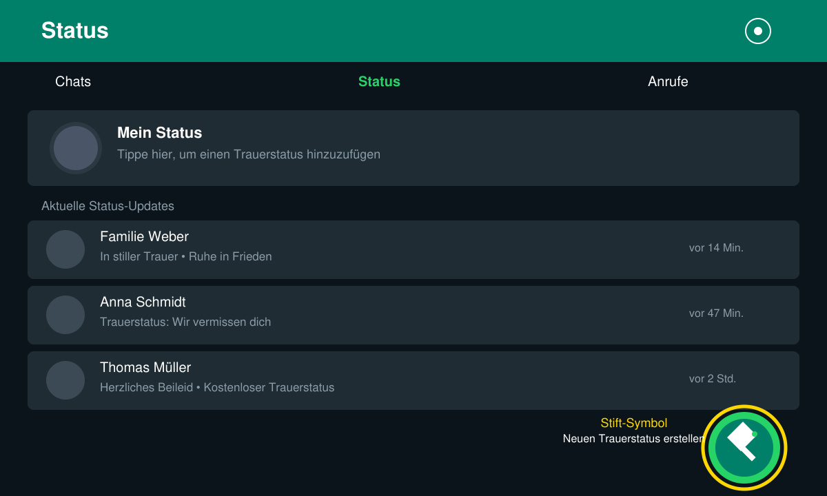 Schritt zum Erstellen eines WhatsApp Trauerstatus kostenlos im Status-Menü