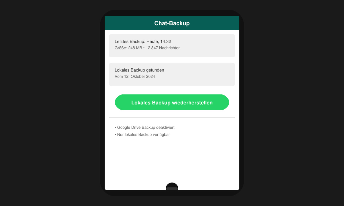 WhatsApp-Chat-Backup-Bildschirm mit Wiederherstellungsoption