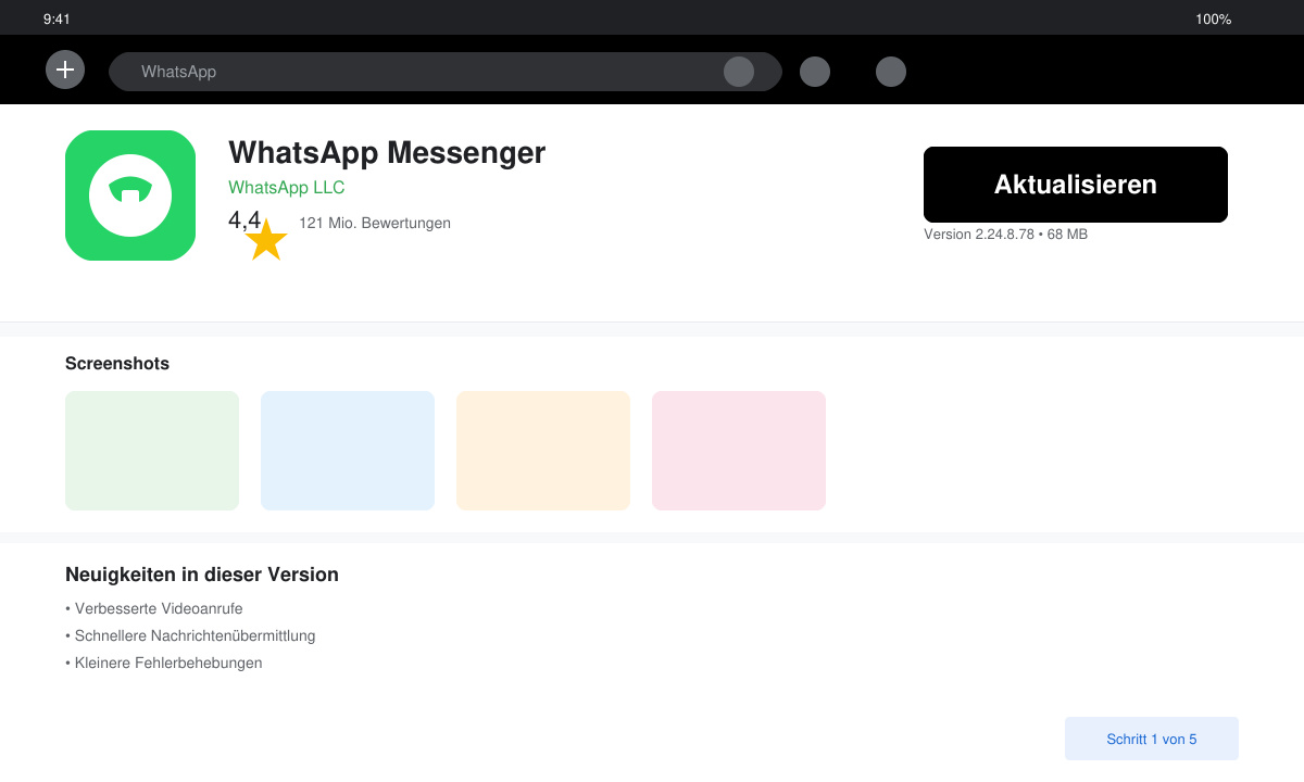 Bildschirm des Google Play Stores mit WhatsApp und sichtbarem Aktualisieren-Button