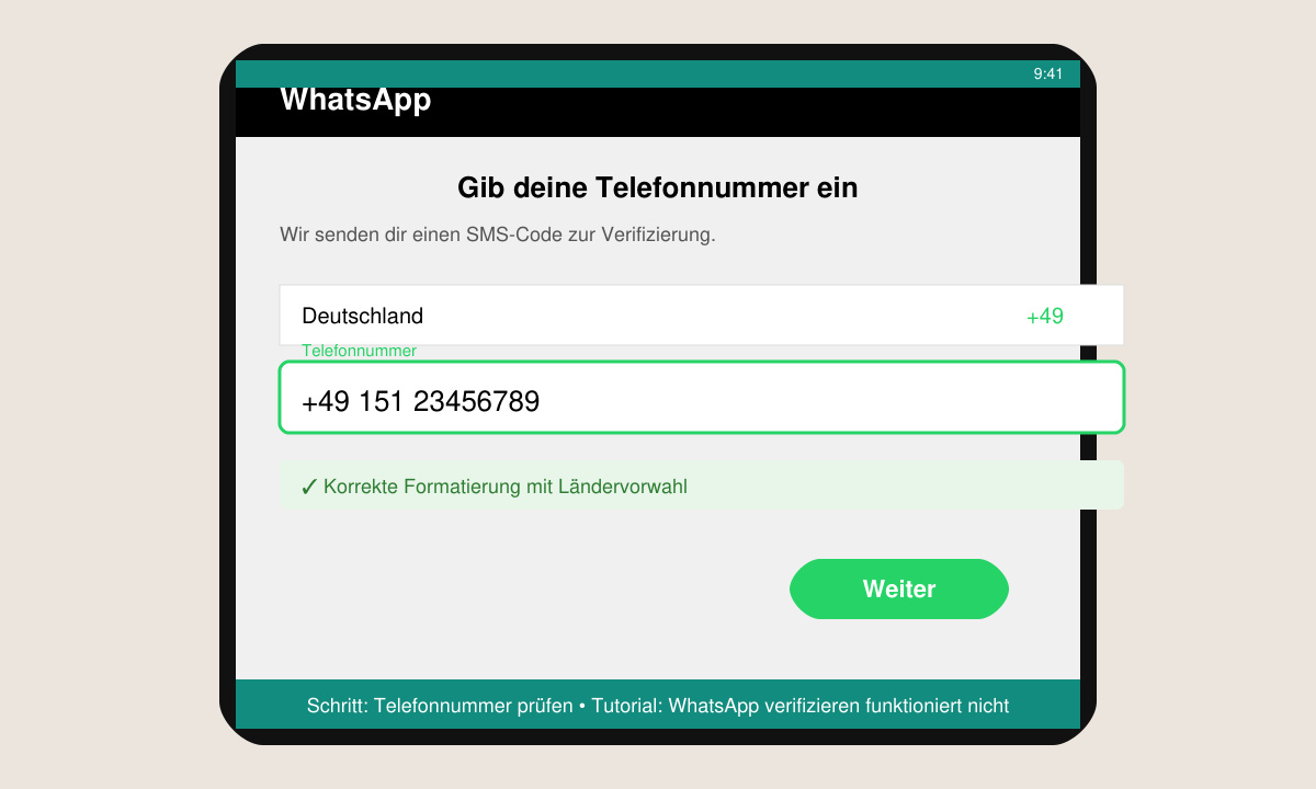 Nahaufnahme der WhatsApp-Eingabemaske für die Telefonnummer mit korrekter Ländervorwahl