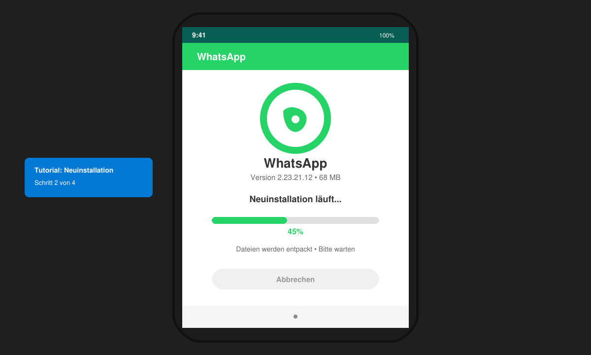 Smartphone-Bildschirm während der Neuinstallation von WhatsApp mit Fortschrittsanzeige