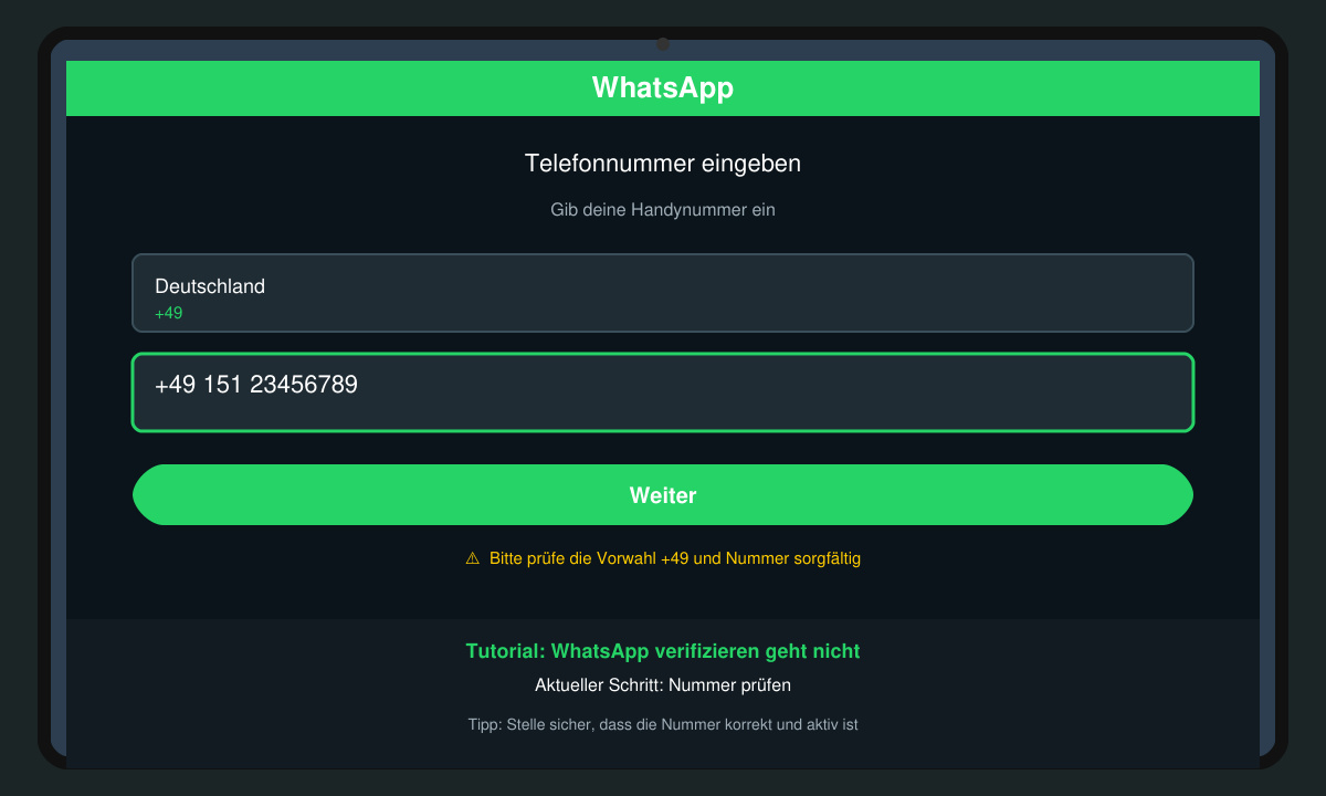 Eingabefeld für die Telefonnummer in der WhatsApp-App mit korrekter Ländervorwahl