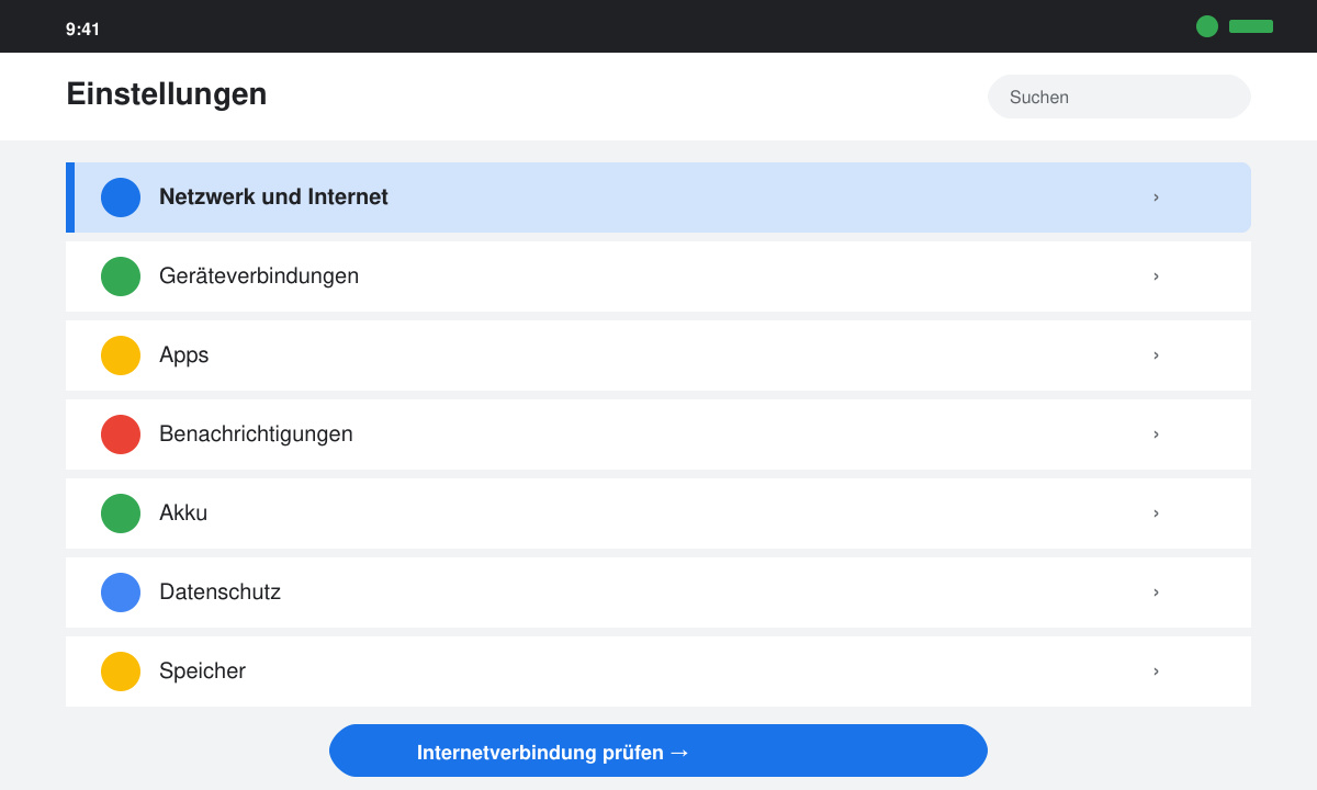 Smartphone-Einstellungsmenü mit hervorgehobener Netzwerkoption