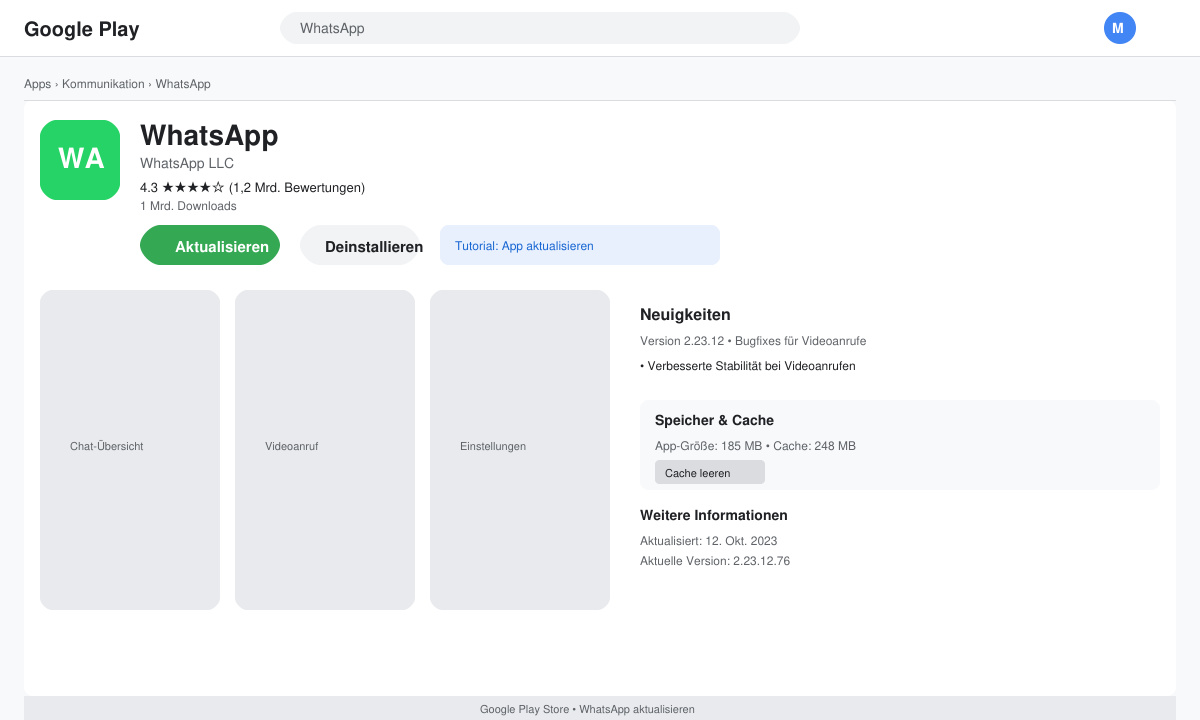 WhatsApp im App Store mit Update-Button und Cache-Option