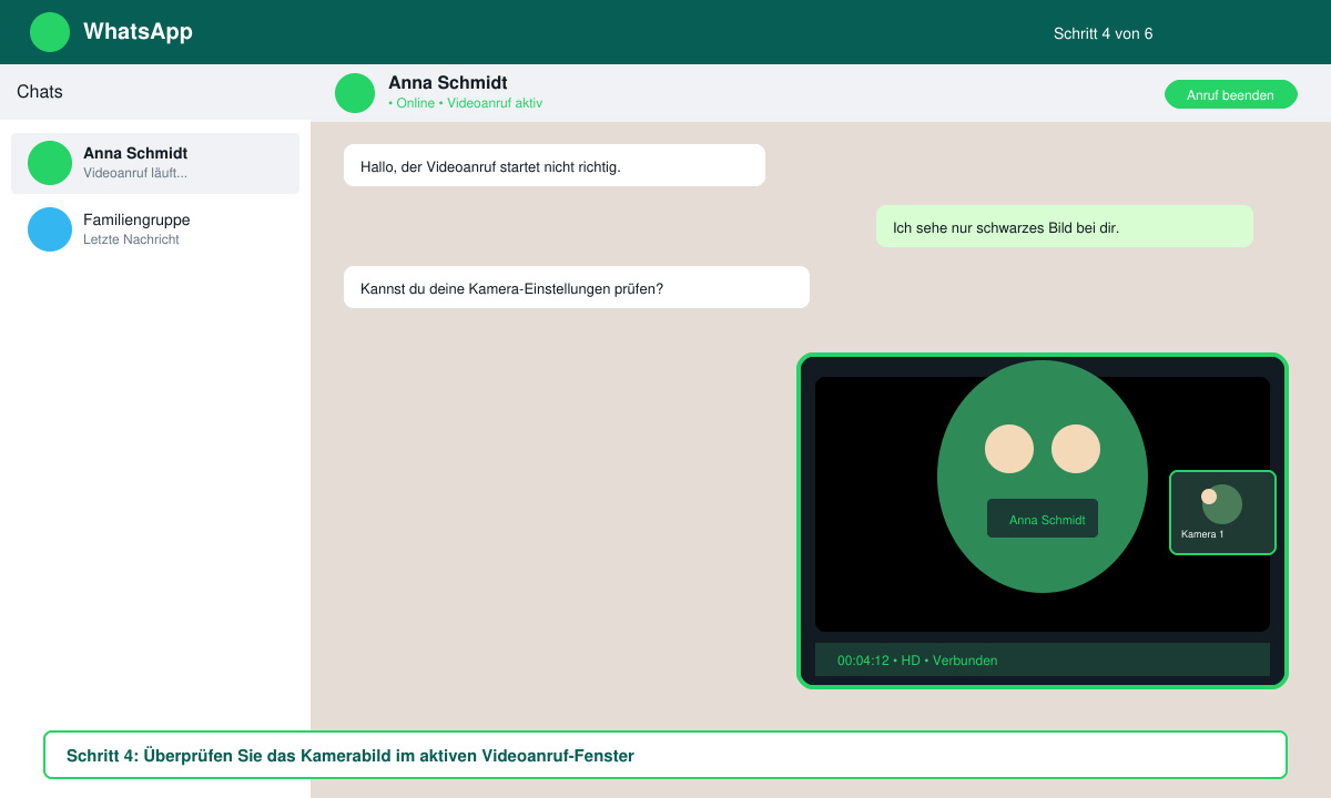 WhatsApp-Chat mit aktivem Videoanruf-Fenster und sichtbarem Kamerabild auf dem Display