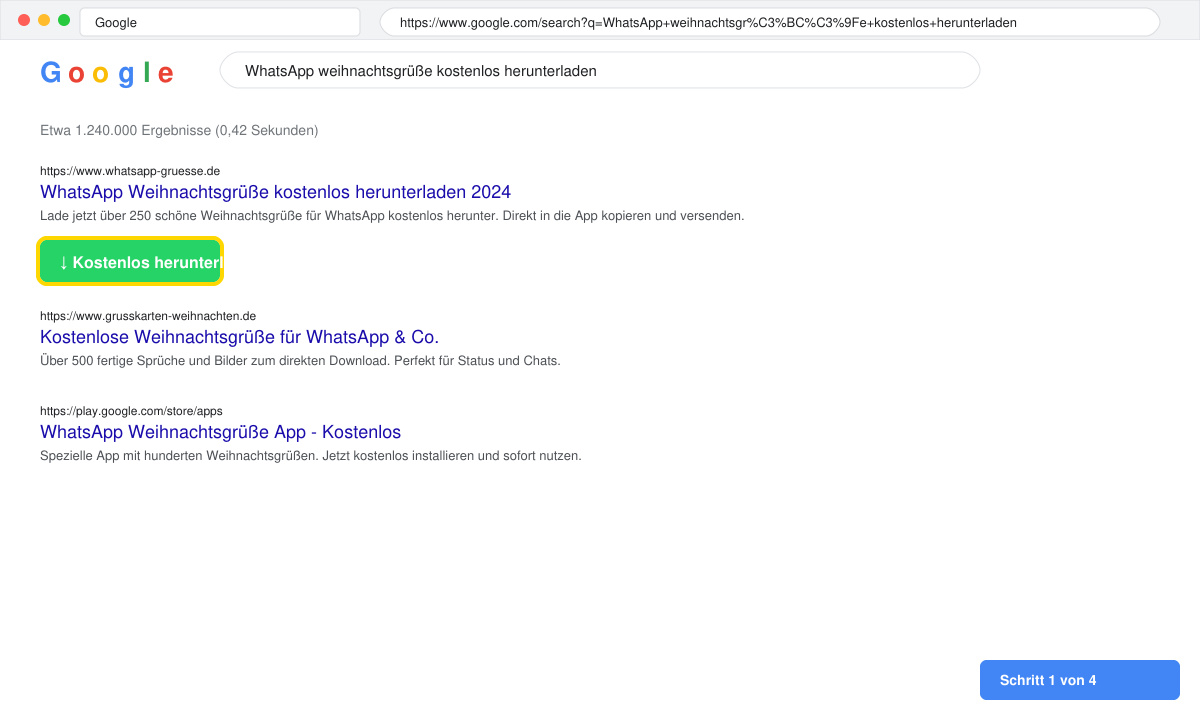Browserfenster mit Suchergebnissen für Weihnachtsgrüße und hervorgehobenem Download-Button
