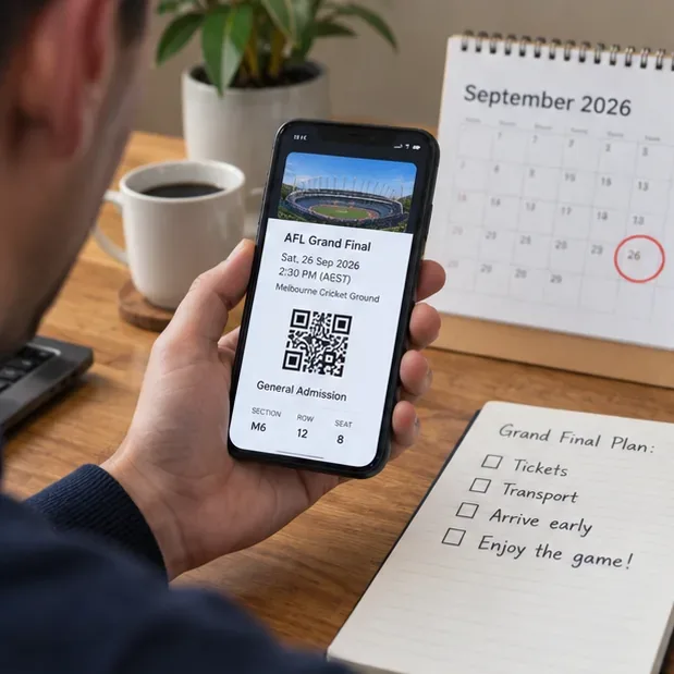A fan at home checks the September 26 date and 2:30 p.m. start time on a phone while planning a trip to the AFL Grand Final