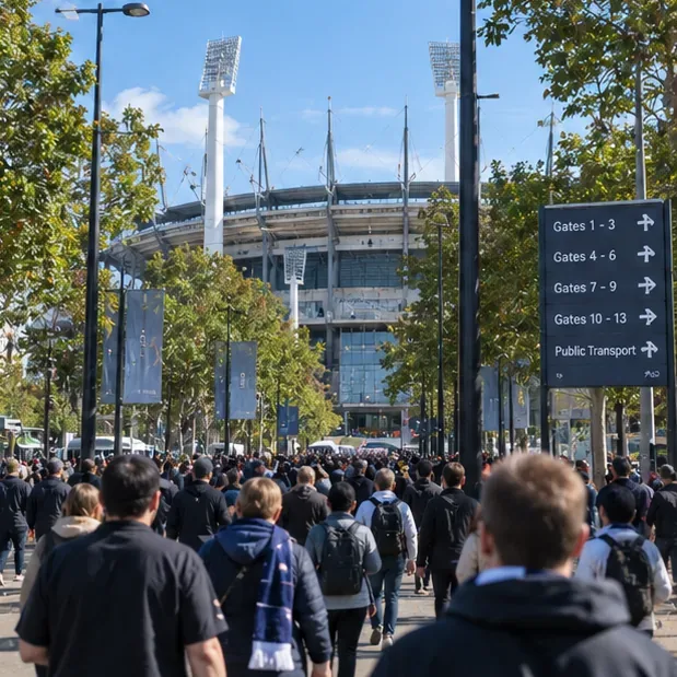 A large crowd of football supporters walks toward the Melbourne Cricket Ground with event-direction signs visible