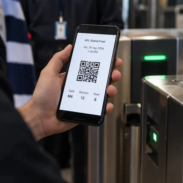 A fan holds a digital event ticket on a phone beside an electronic entry scanner