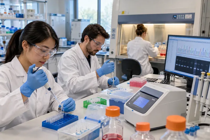 Three biotechnology researchers pipetting samples in a modern molecular biology laboratory, with a biosafety cabinet, bench instruments, and a monitor showing sequencing-style traces and gel bands.