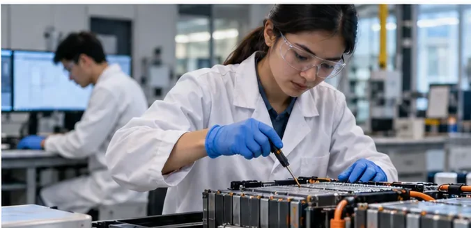 Two researchers in a modern battery engineering laboratory working on a large battery module test setup while wearing lab coats and safety glasses