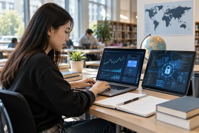 A student in a university library studies financial analytics on a laptop beside a cybersecurity dashboard and a world map.