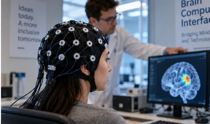 A student wearing a multi-electrode EEG cap in a neurotechnology laboratory while a researcher reviews a monitor nearby.