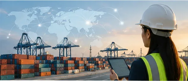 A logistics professional with a tablet overlooks stacked shipping containers and port cranes beneath a connected world map graphic.