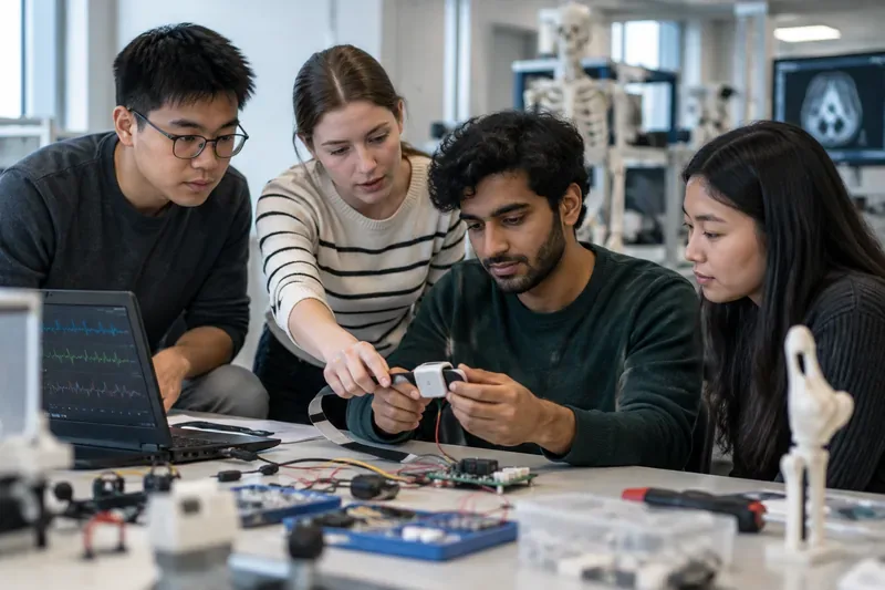 Biomedical engineering students examining a wearable sensor prototype beside a laptop showing physiological signal traces in a university lab