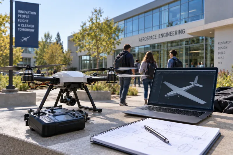 A quadcopter, radio controller, laptop showing an aircraft CAD model, and engineering notebook on a university aerospace campus table