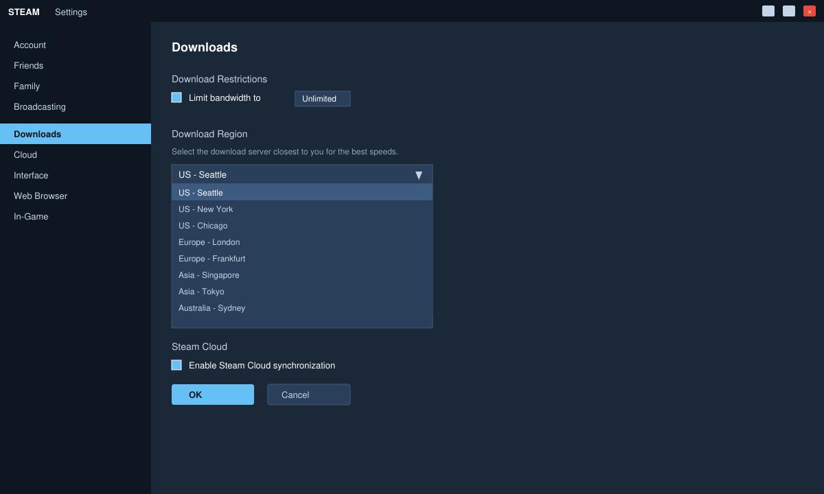 Steam Downloads settings window with region selector open