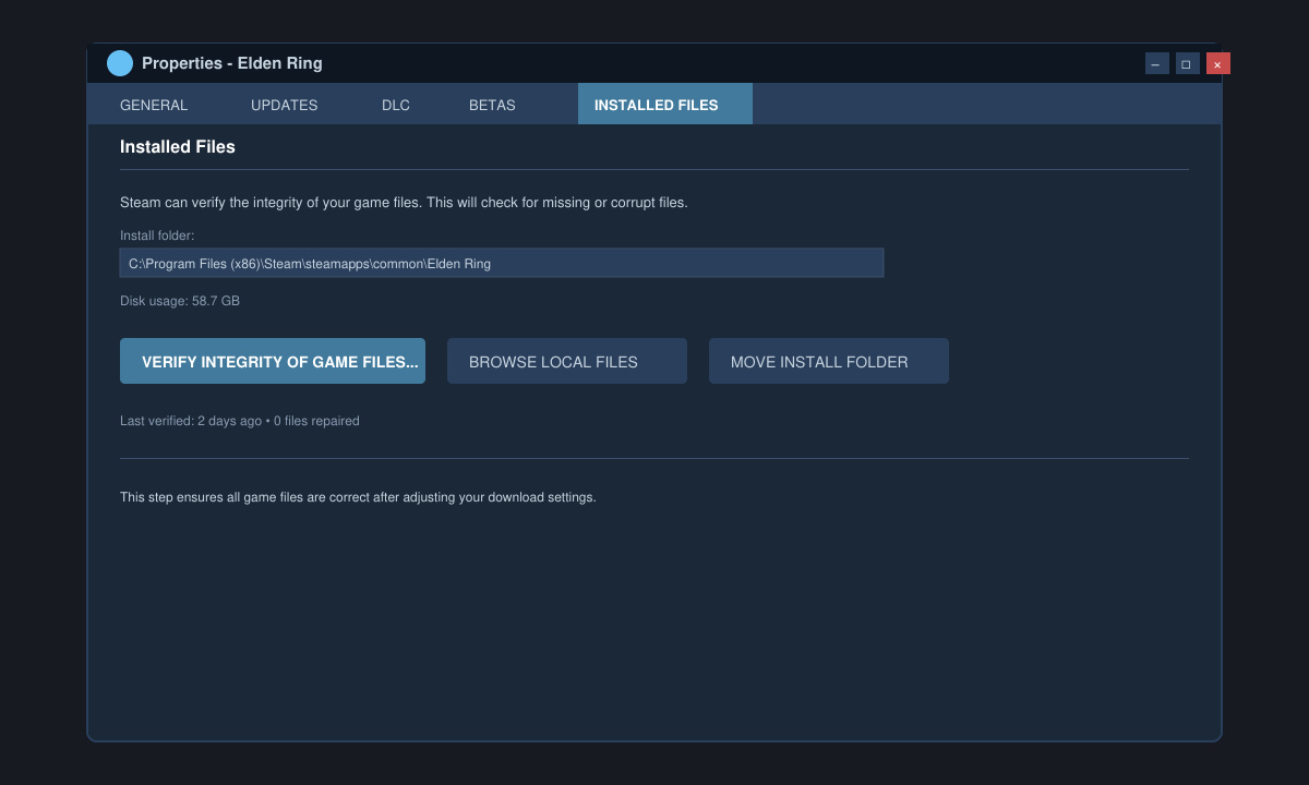Steam game properties window with verify integrity button highlighted