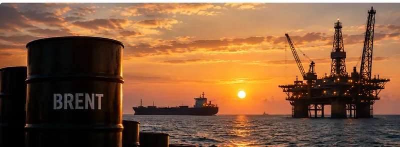 AI-generated illustration of Brent crude barrels, an offshore oil platform and a tanker at sea at sunset