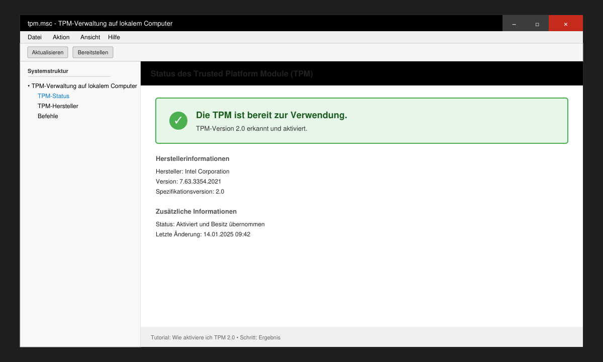 TPM-Verwaltungskonsole mit Status „Bereit“