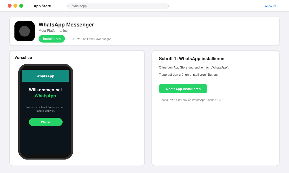 Bild zeigt den Download-Button im App Store und die geöffnete WhatsApp-App mit Begrüßungsbildschirm