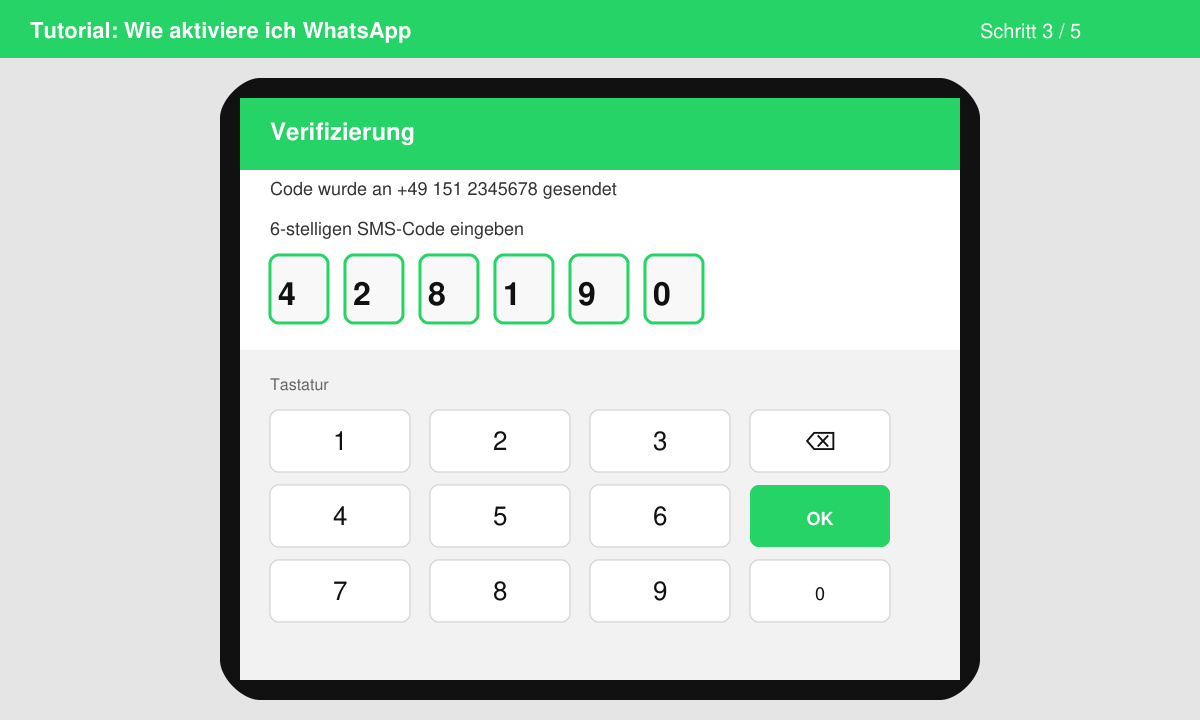 Bild zeigt die Eingabemaske für den sechsstelligen Verifizierungscode in WhatsApp