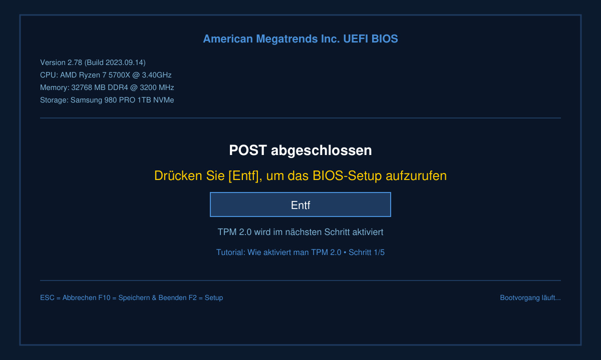BIOS-Startbildschirm mit Tastenanweisung