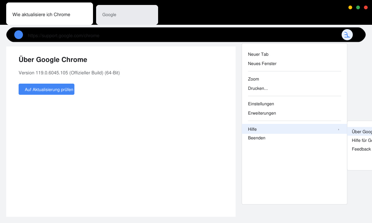 Nahaufnahme des Chrome-Menüs mit hervorgehobener Option „Hilfe“