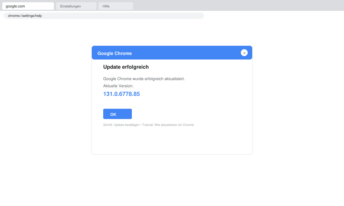 Bestätigungsfenster nach erfolgreichem Chrome-Update mit angezeigter Versionsnummer