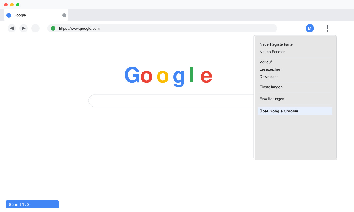 Bildschirmfoto des Chrome-Menüs mit hervorgehobenem Punkt „Über Google Chrome“