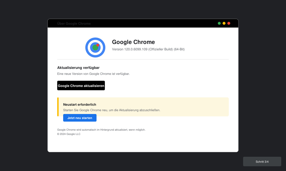 Bildschirmfoto des „Über Google Chrome“-Fensters mit sichtbarem Aktualisierungs-Button und Neustart-Hinweis