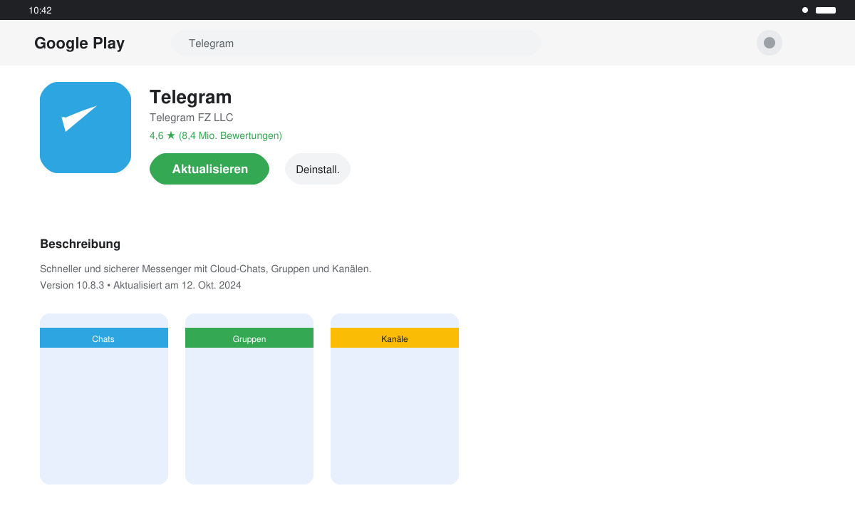Android-Screenshot des Google Play Store mit der Telegram-App und dem Update-Button