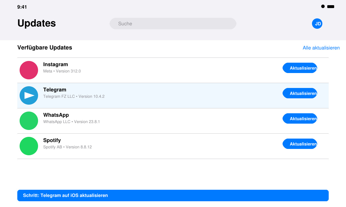 iOS-App-Store-Screenshot mit Telegram in der Update-Liste