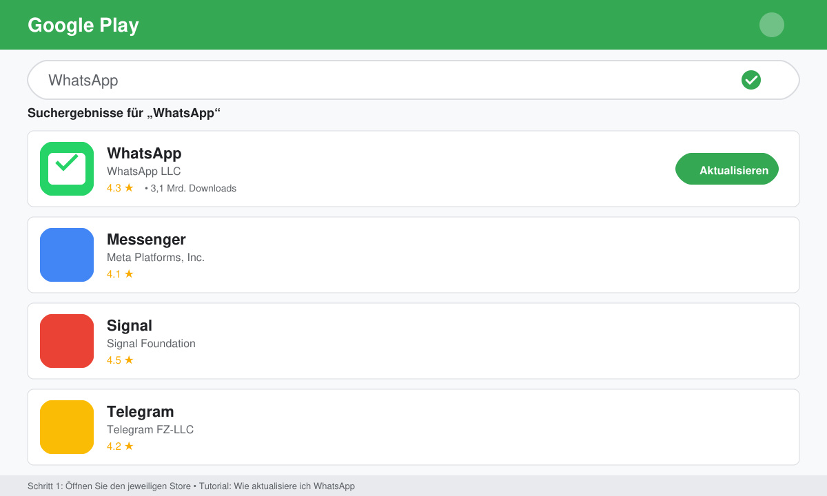 Nahaufnahme des Google Play Store mit WhatsApp in den Suchergebnissen