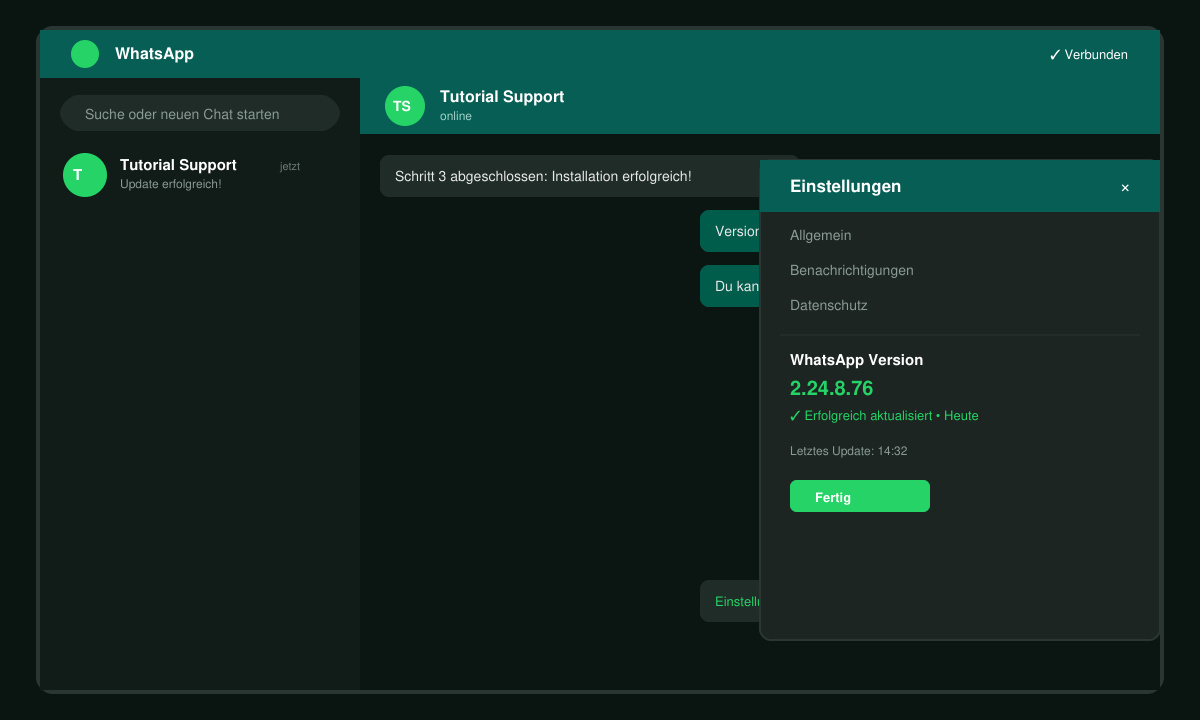 WhatsApp-Chat-Fenster nach erfolgreichem Update mit Versionshinweis in den Einstellungen
